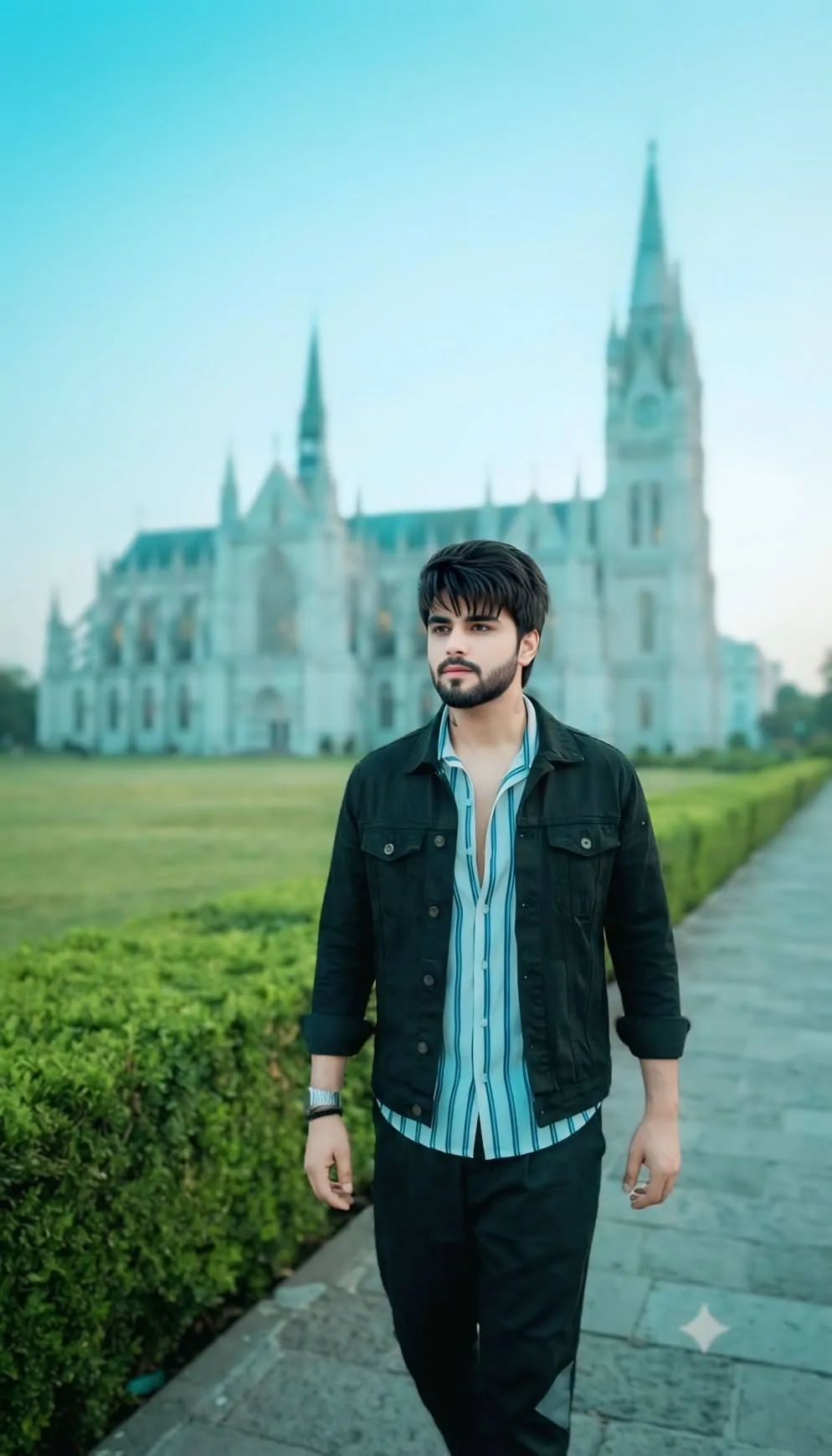"A realistic 4k cinematic full-body portrait of a handsome 24-year-old South Asian man with a well-groomed beard and neat, voluminous dark