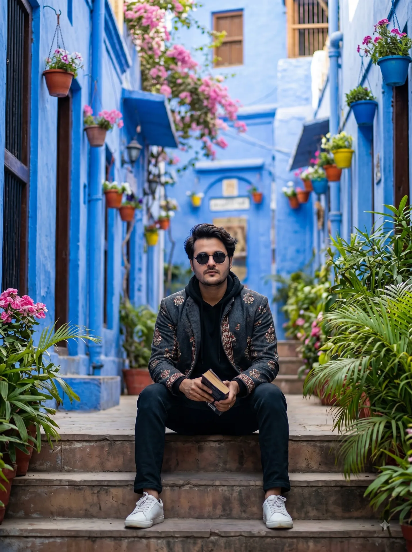A stylish young Indian man sitting on highway stone stairs in Jodhpur City, Royal Look, styled hair, embroidered dark grey jacket over