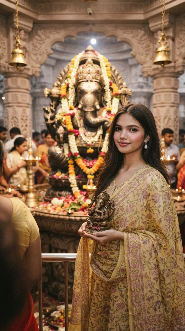 A photorealistic vertical portrait (9:16 aspect ratio) of a person standing slightly to the side of the frame inside a traditional Indian