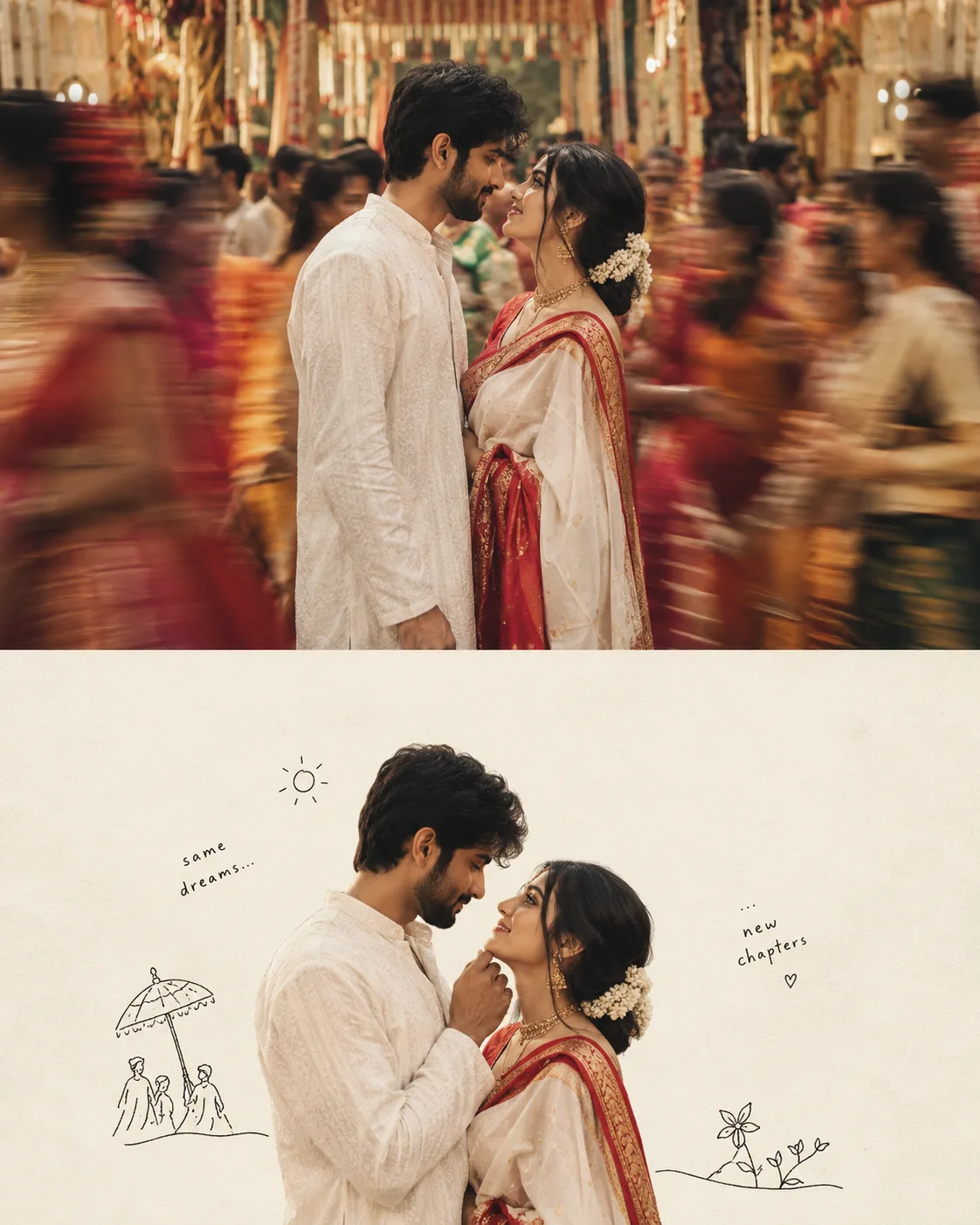 FIRST CREATE A PICTURE WITH THIS PROMPT A cinematic Gujarati wedding scene featuring a man and woman dressed in traditional attire,
