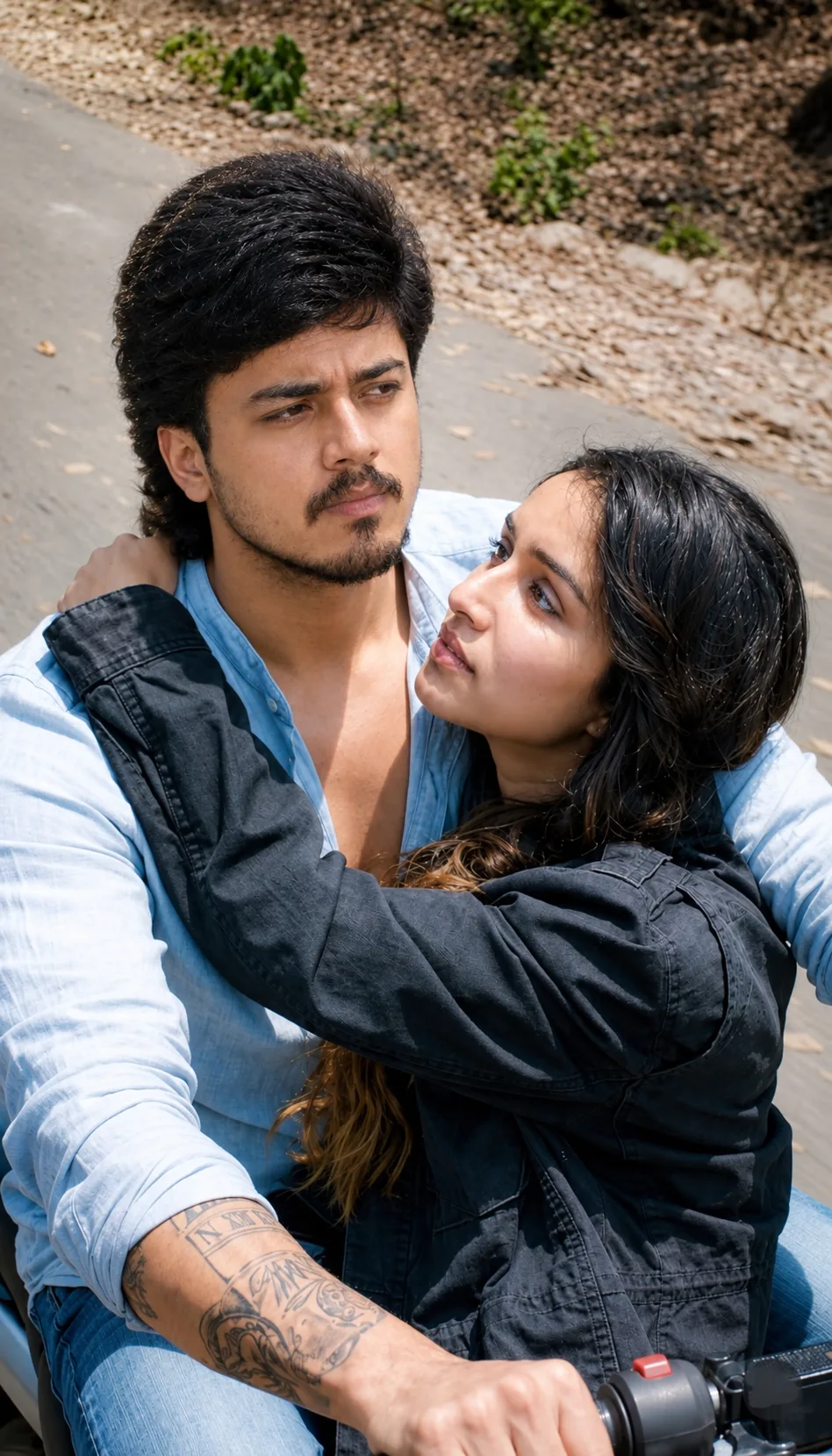 Photorealistic cinematic couple portrait, candid romantic moment on a sunny outdoor road.