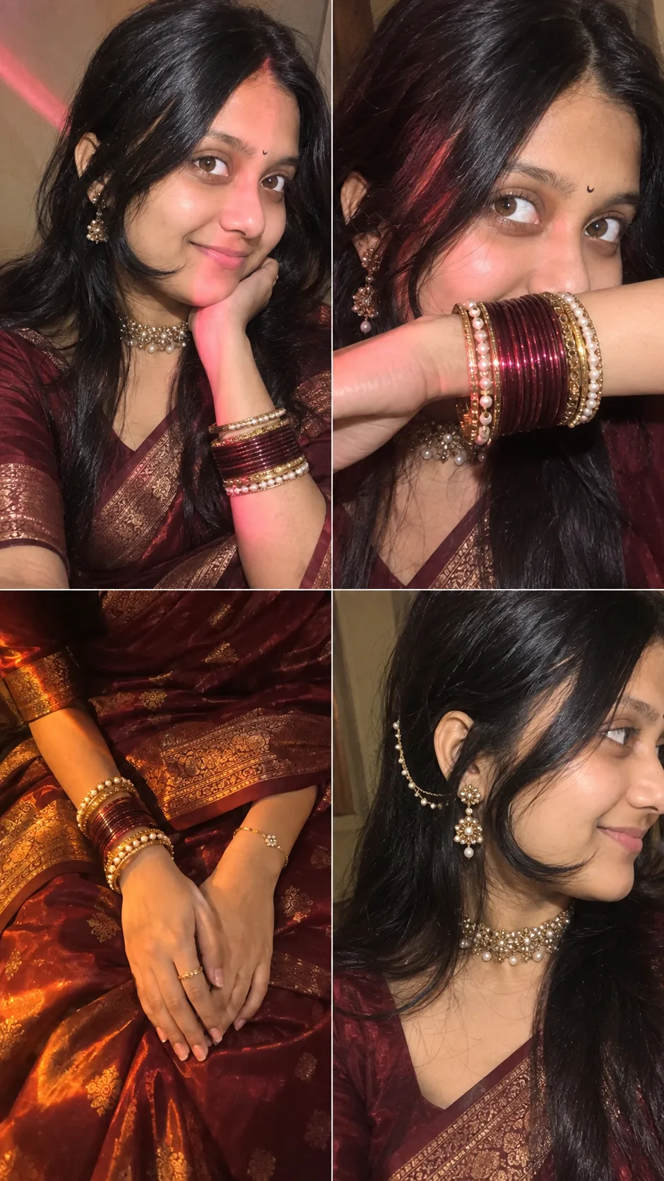 Ultra-realistic indoor iPhone 16 Pro front-camera selfie collage, 2×2 grid with four perfectly equal square frames, appearing exactly like