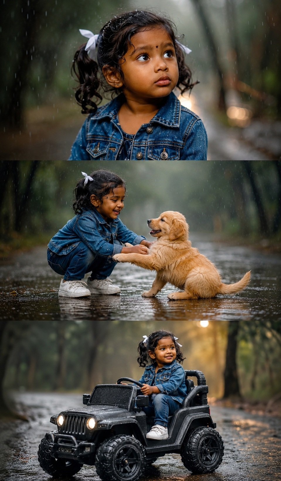 Adorable 3-year-old Indian girl, chubby cheeks, big expressive eyes, tiny black bindi, ribbon pigtails, blue denim jacket and jeans, white