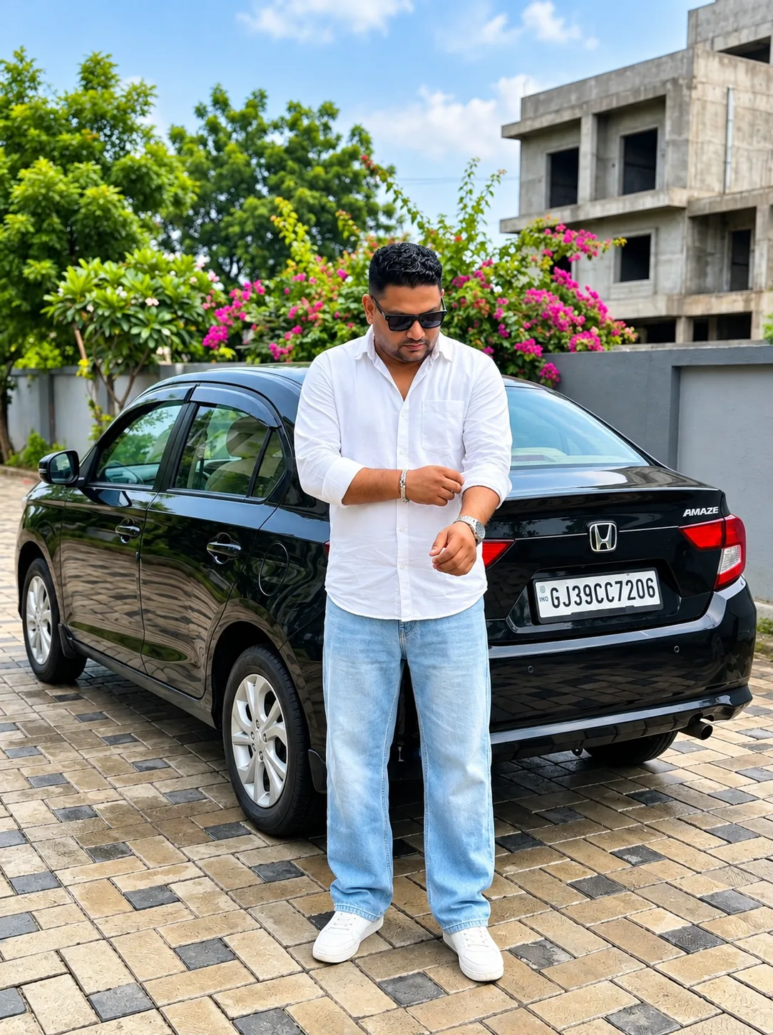 Create an ultra-realistic high-end 4K portrait of a stylish Indian man standing confidently in front of a glossy black Honda Amaze sedan.