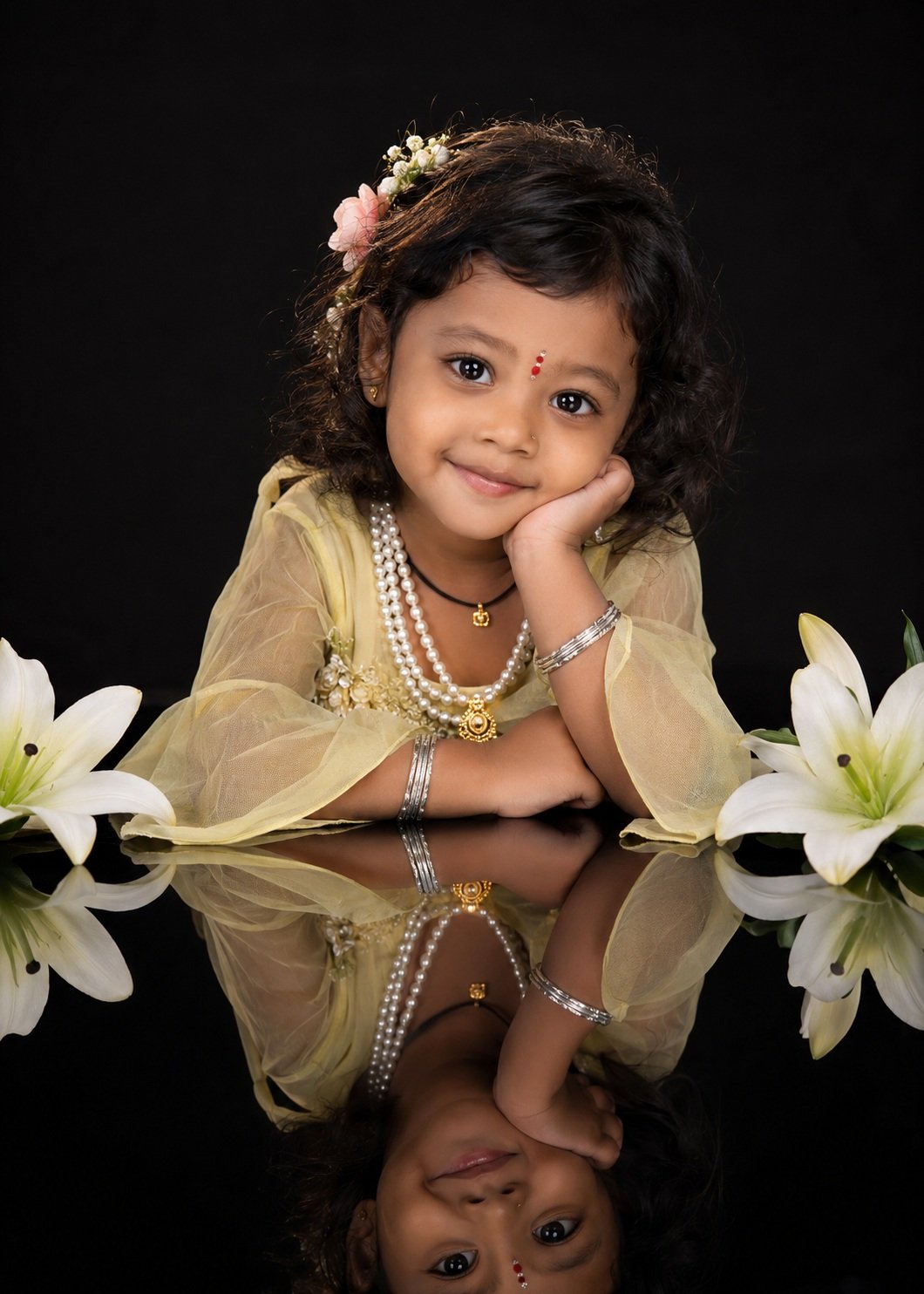 Ultra-realistic premium studio portrait of the same adorable 3-year-old Indian girl with soft curly shoulder-length black hair, expressive