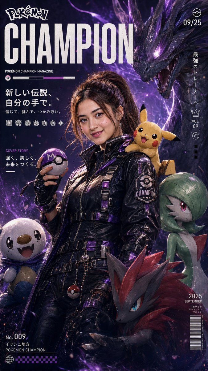 GPT image 2.0 chatgpt Prompt💬 Ultra-detailed Pokémon Champion magazine cover, futuristic fantasy editorial style, powerful female Pokémon