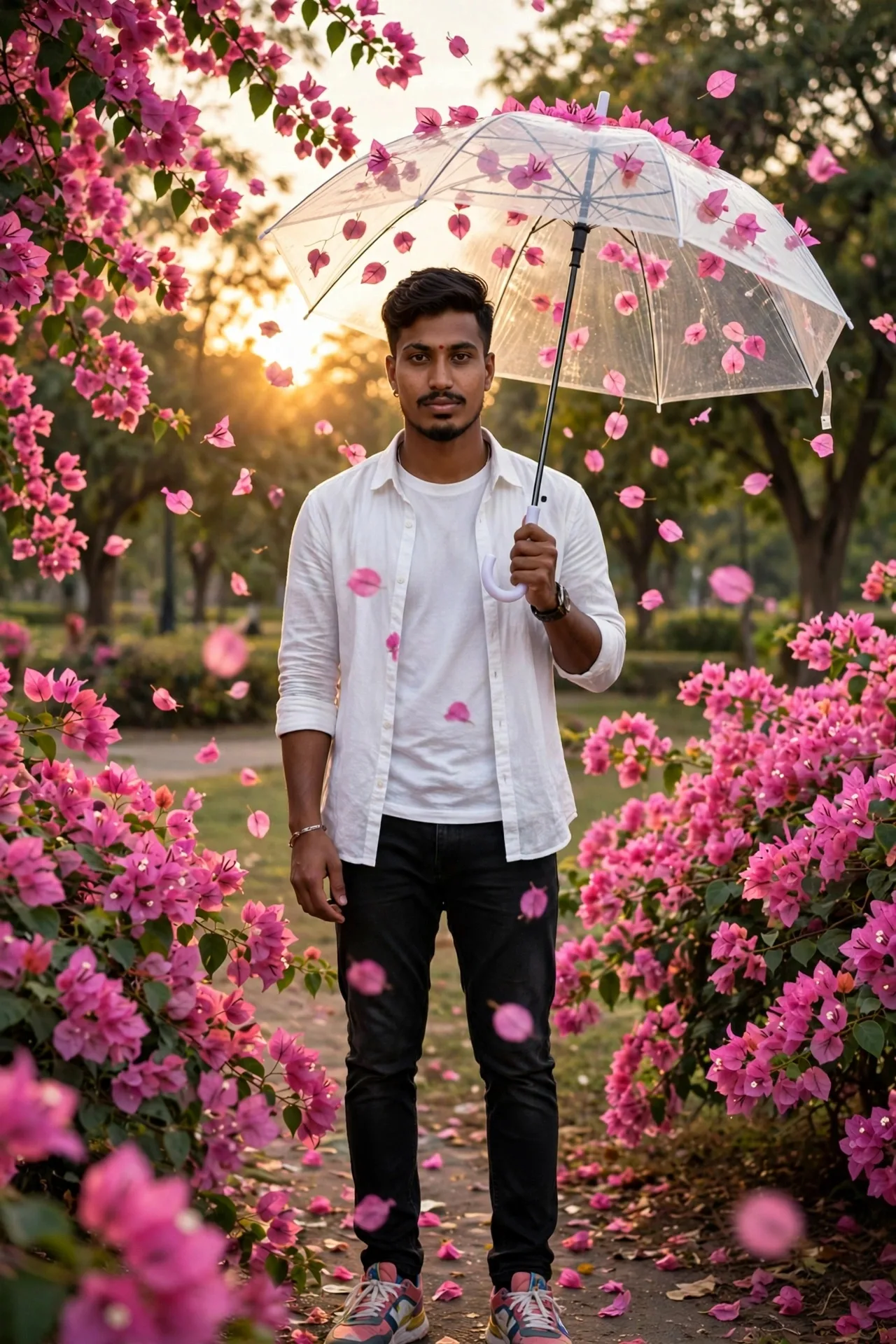 A joyful young Indian man standing in a park full of pink bougainvillea flowers, holding a transparent umbrella with flower petals, white