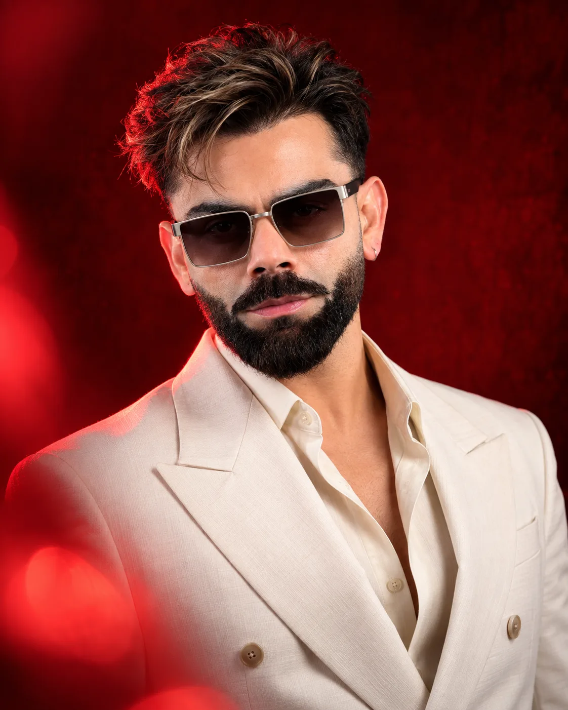 CONCEPT: Premium high-fashion editorial close-up portrait featuring a stylish male model in a tailored off-white suit blazer, styled with