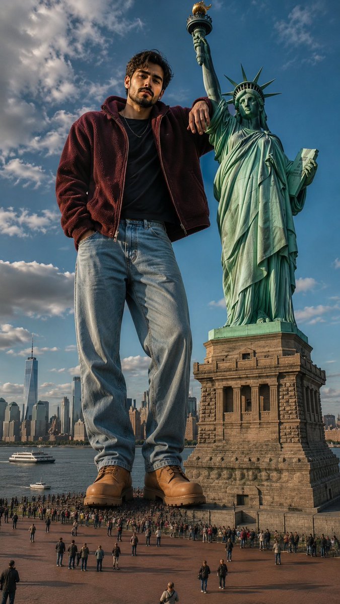 Giant Man by Statue of Liberty