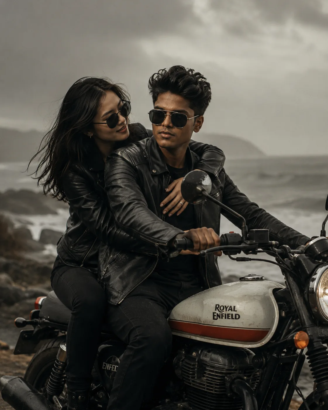 Create a cinematic, adventurous couple portrait captured on a misty, overcast coastline.