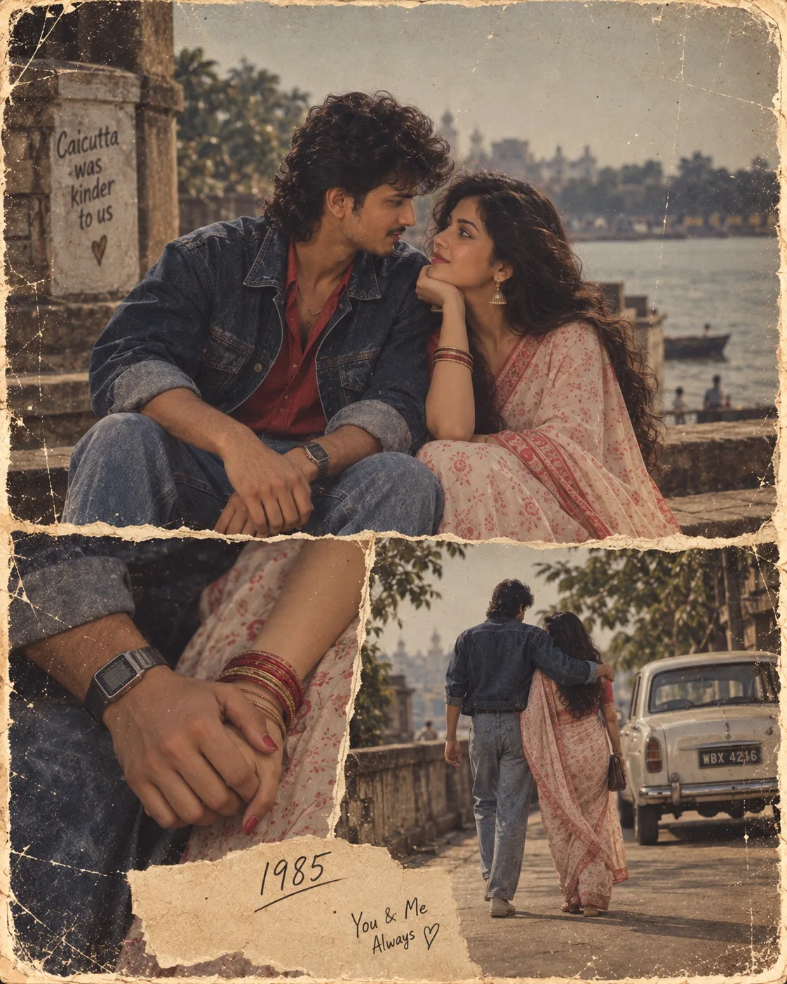 📸 Short Universal Prompt > Create a highly realistic 1980s Indian romantic photo collage using two uploaded photos: Photo 1 = facial