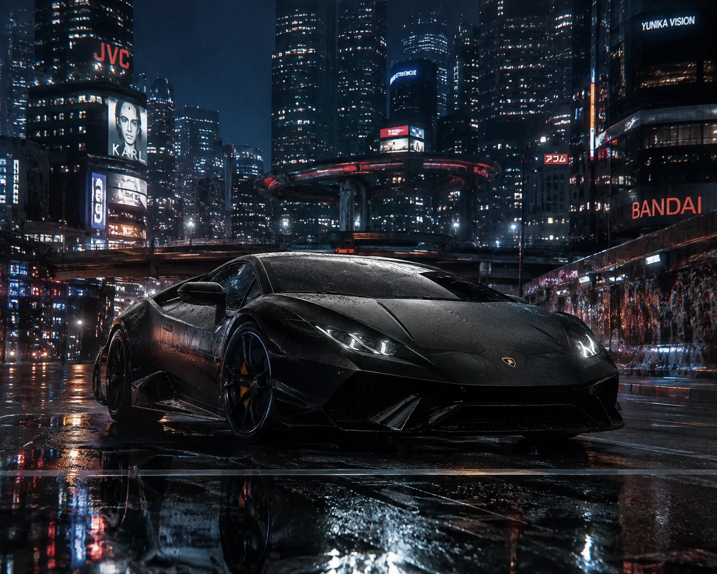 Matte black sports car, futuristic city, wet road reflections, cinematic lighting, ultra realistic