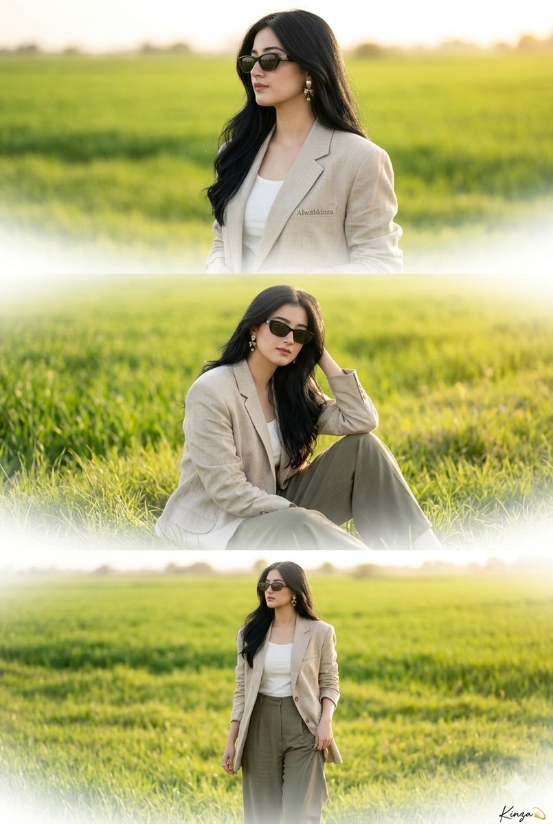 A cinematic vertical 3-panel collage featuring the same stylish young woman for 100% consistent facial features, set in a peaceful lush