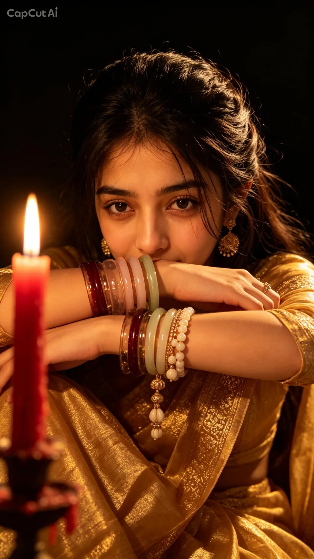 Create Ultra-realistic cinematic closeup low-light portrait of a woman (the reference image given)sitting in complete darkness, illuminated