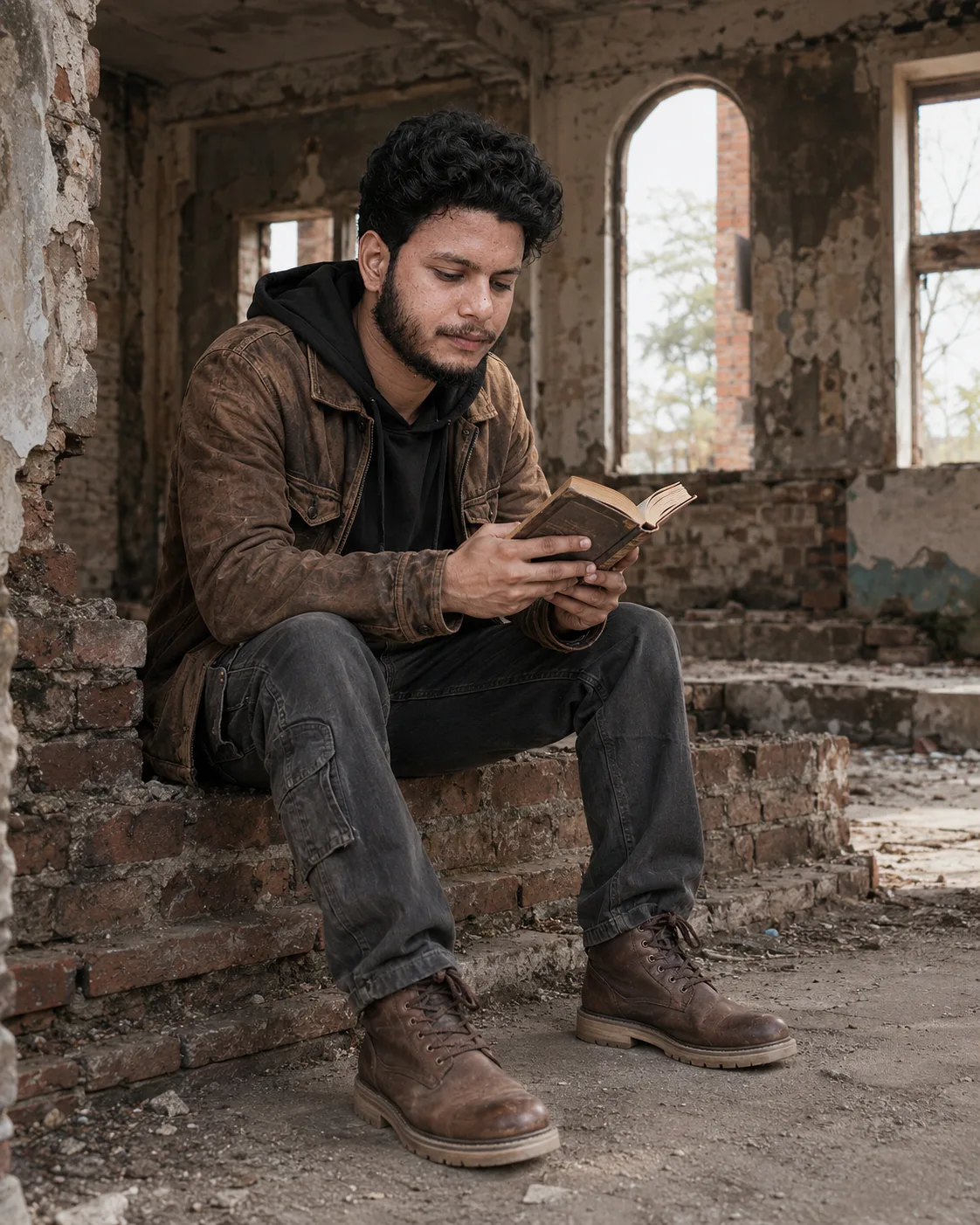 A young South Asian man with curly black hair, short beard and mustache, sitting casually on weathered red brick steps inside a derelict