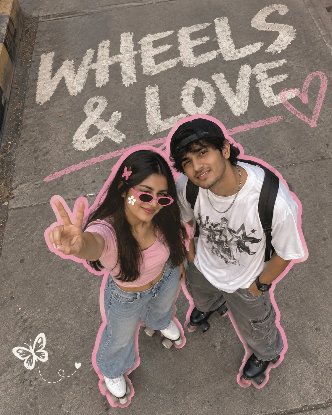 A HIGH-ANGLE, FULL-BODY SHOT OF A YOUNG INDIAN COUPLE WEARING ROLLER SKATES ON A GREY CONCRETE SIDEWALK.