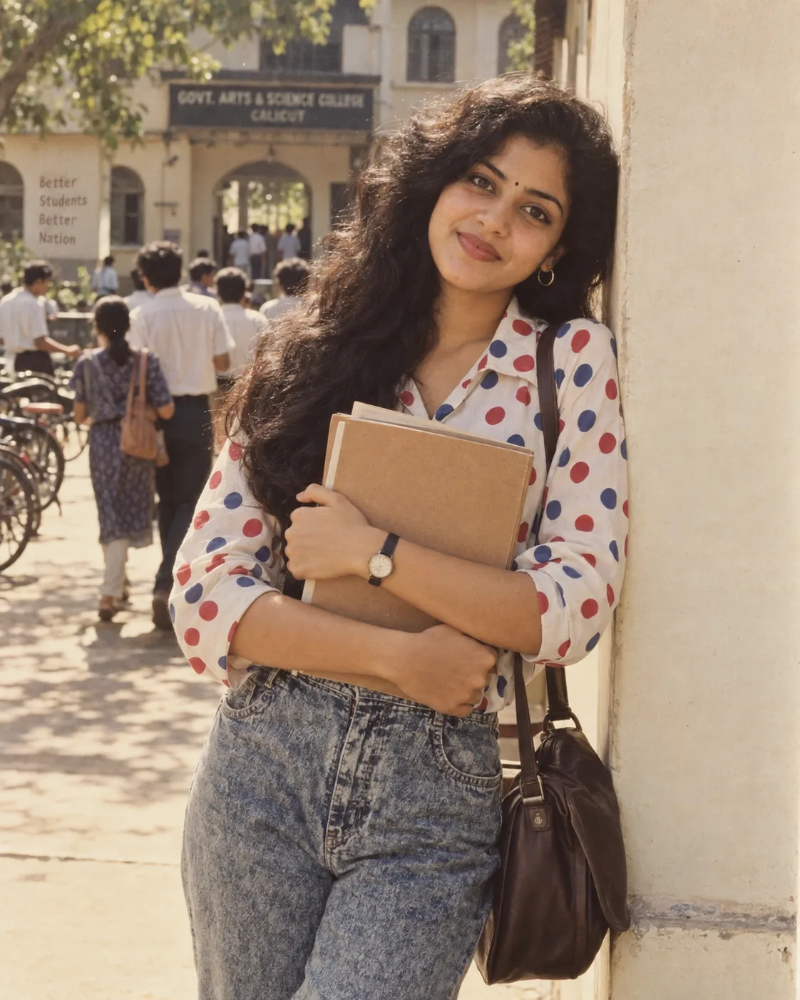 A YOUNG INDIAN WOMAN WITH LONG, WAVY, VOLUMINOUS HAIR LEANING AGAINST A CREAM-COLORED WALL IN A COLLEGE CAMPUS SETTING IN THE 1980S,