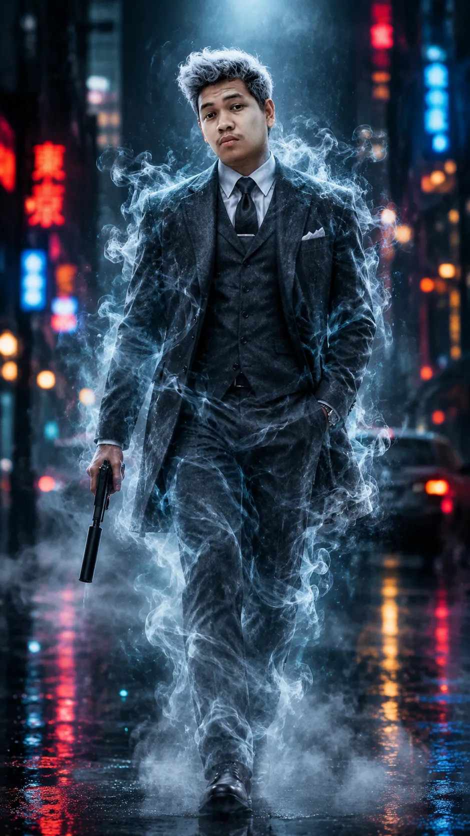 A tall man (image Uploaded) in a perfectly tailored three-piece suit walks toward the viewer under a single dramatic spotlight, his face