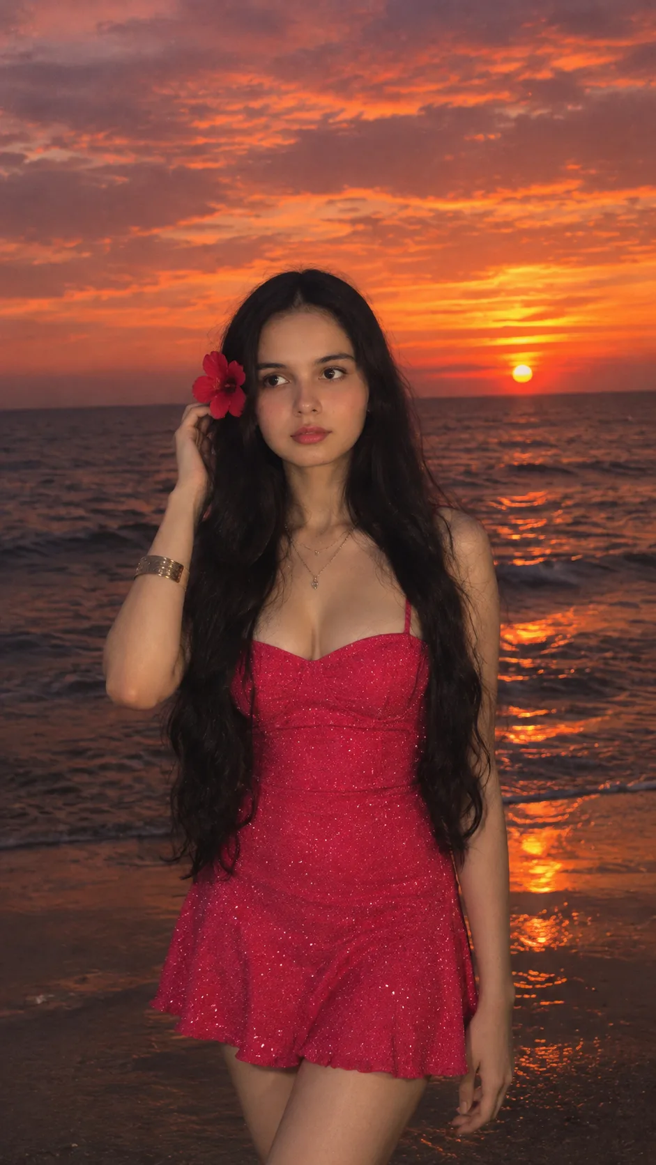 Create a highly photorealistic cinematic sunset portrait.