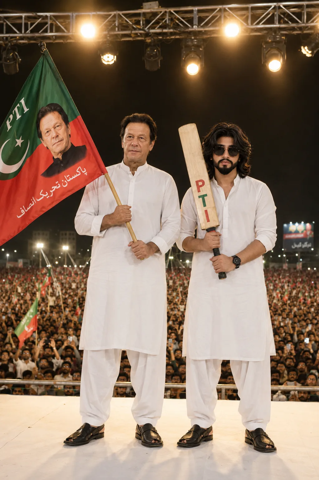 "A professional-quality, full-body photograph taken at a political rally at night.