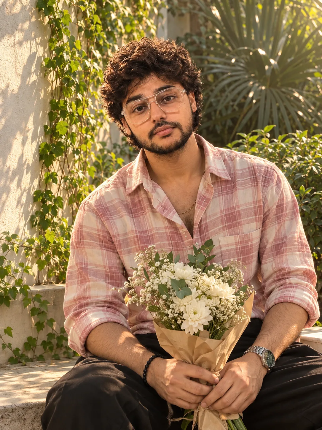 "A warm, candid lifestyle portrait of a young man with thick, tight black curly hair styled in a fluffy fringe, smiling softly with a calm,