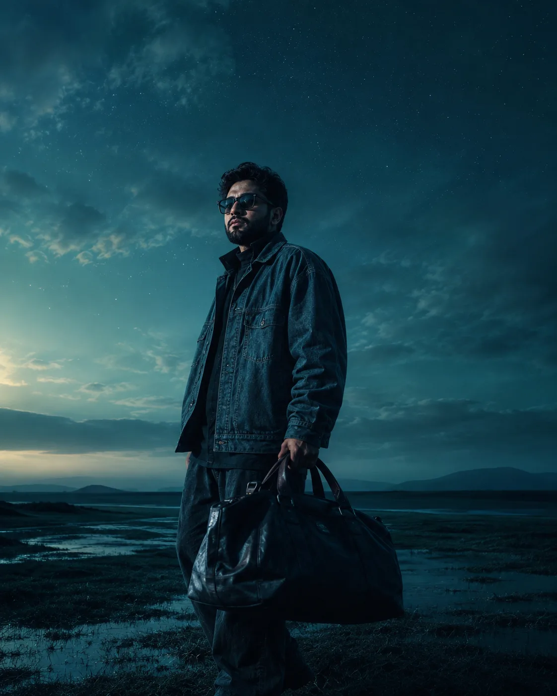 A solitary figure standing on wet grass at dusk, holding a large duffel bag by the handles.