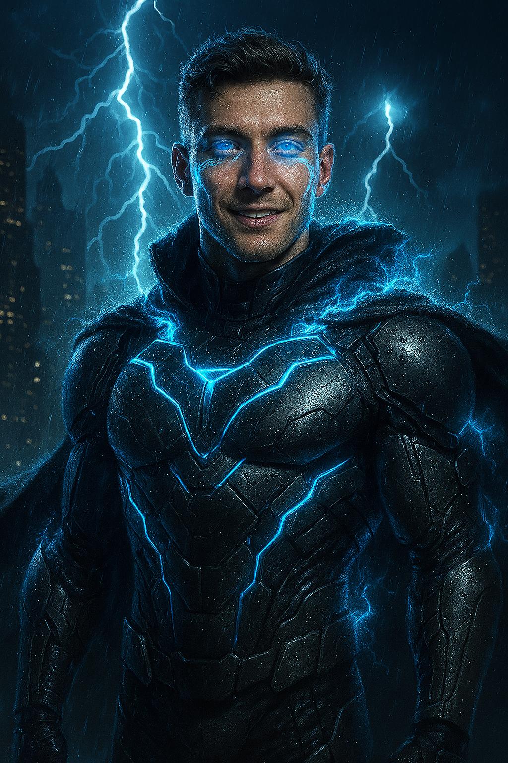 Create a cinematic, hyper-realistic portrait of a young male superhero in a matte-black high-tech suit with glowing neon-blue patterns,