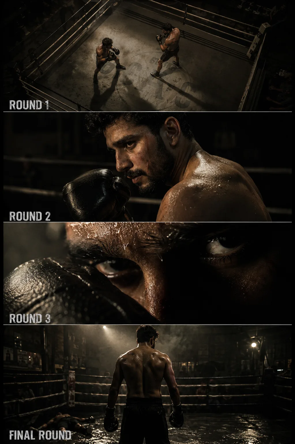 Create a single film noir–style cinematic image divided into four horizontal panels, all depicting the same boxer and the same boxing ring