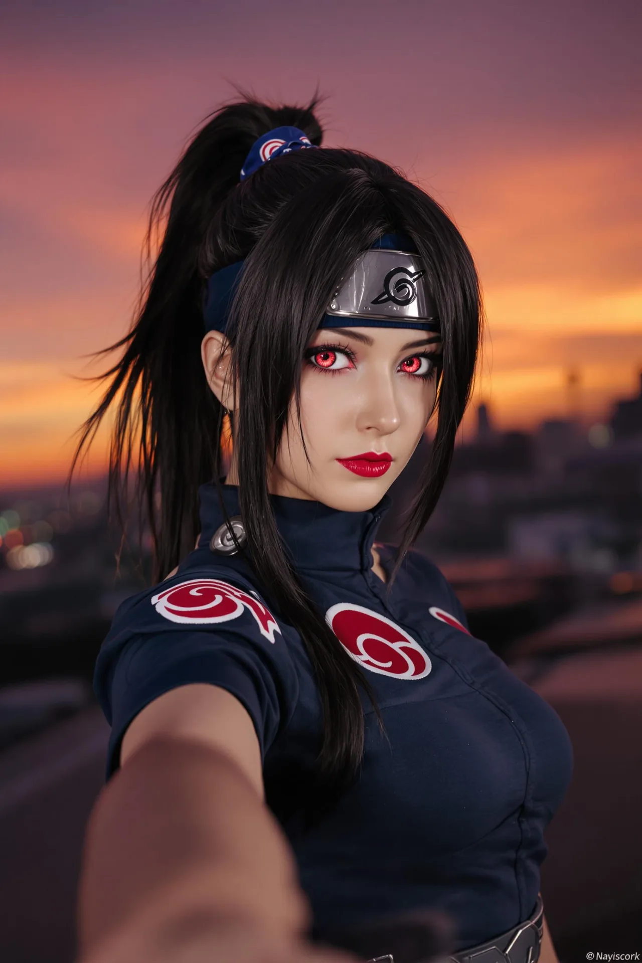 "A photorealistic selfie-style portrait of a fierce female ninja with long black hair tied in a high ponytail, striking red Sharingan eyes,