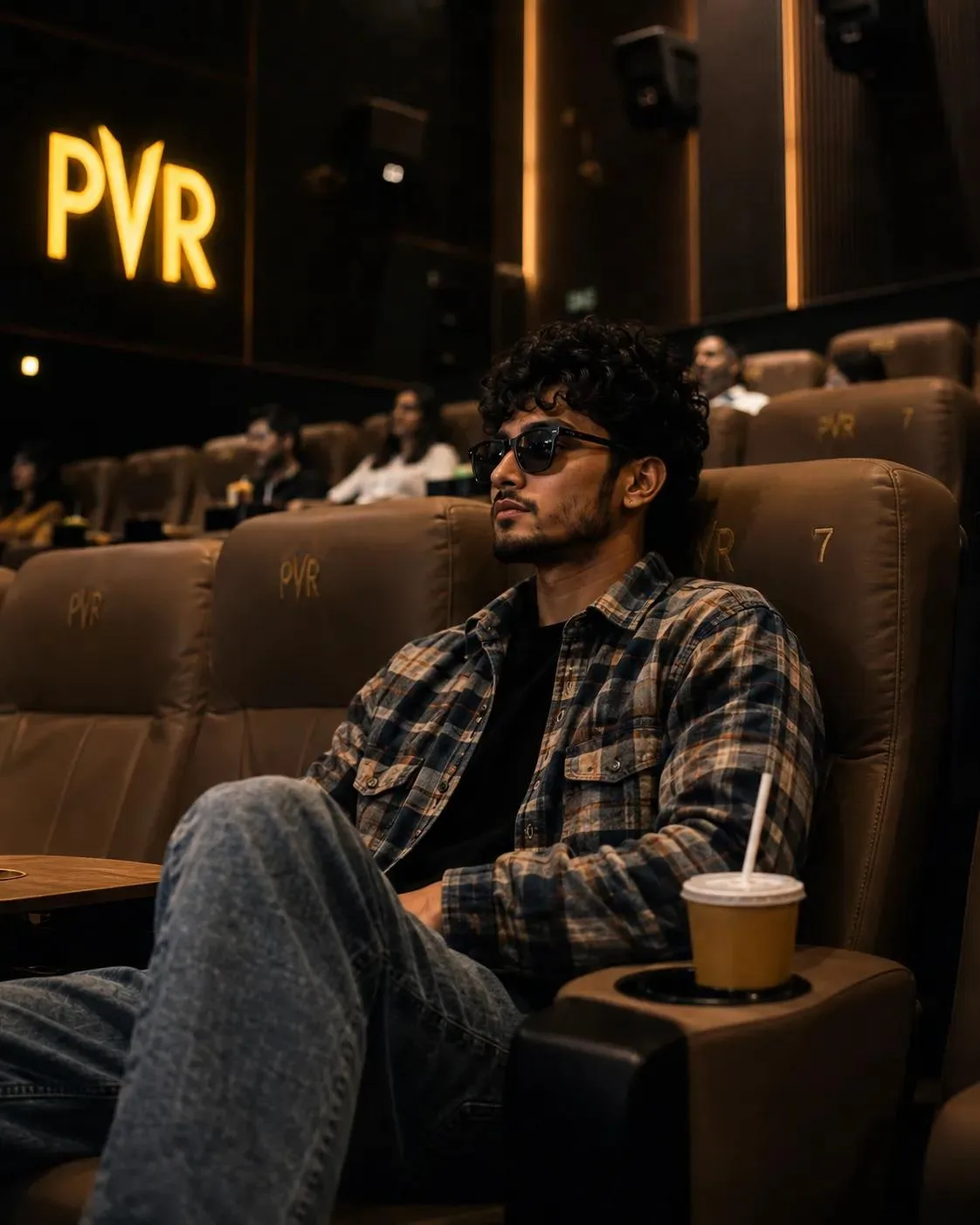 Create a highly realistic, cinematic photograph in a premium luxury PVR cinema hall, matching the uploaded reference image as closely as