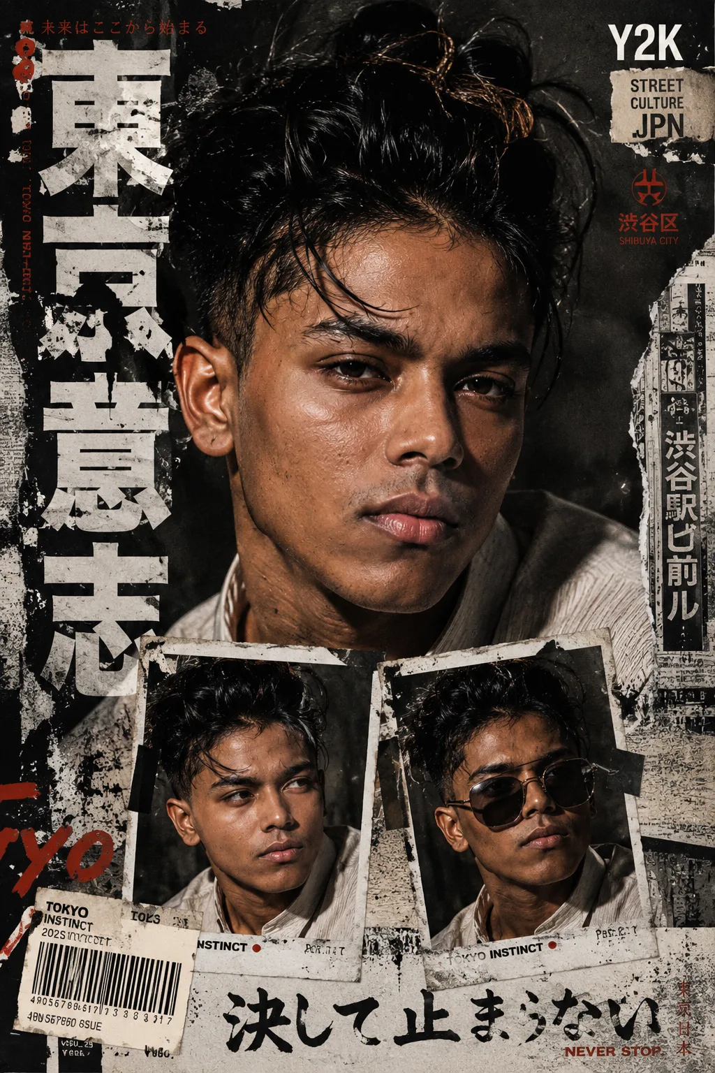 Create a bold Y2K Japanese street-editorial collage poster with a clean high-fashion magazine aesthetic, gritty paper textures, torn