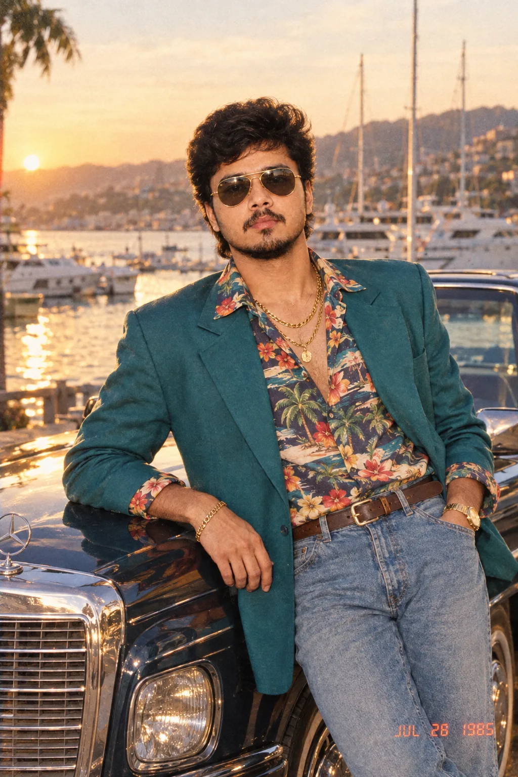 A photorealistic 1980s retro fashion portrait of a stylish young man leaning against a classic vintage luxury car near a waterfront marina,