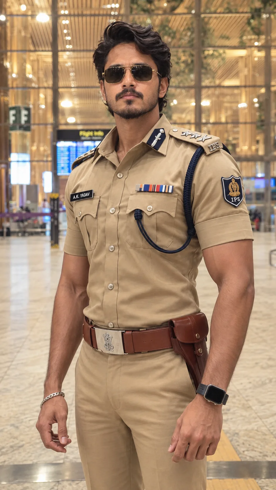 Create an ultra-realistic, photorealistic full-body portrait of a young South Asian man wearing a sharply tailored khaki Indian
