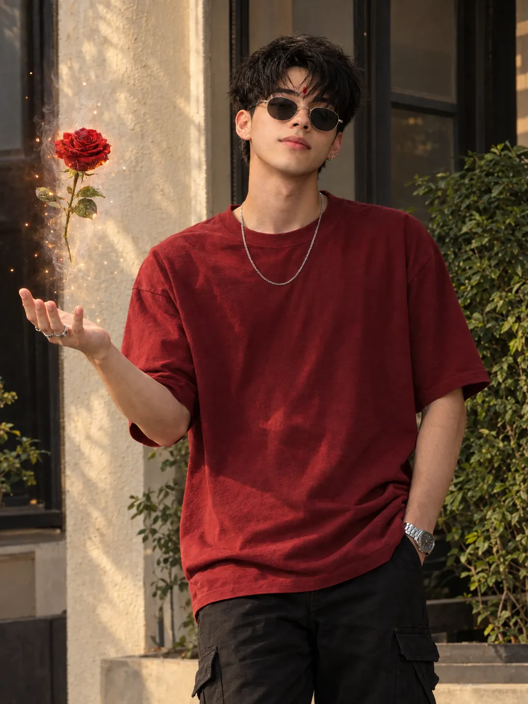Ultra realistic photograph of a stylish young Indian man standing against a warm architectural background, wearing an oversized deep red