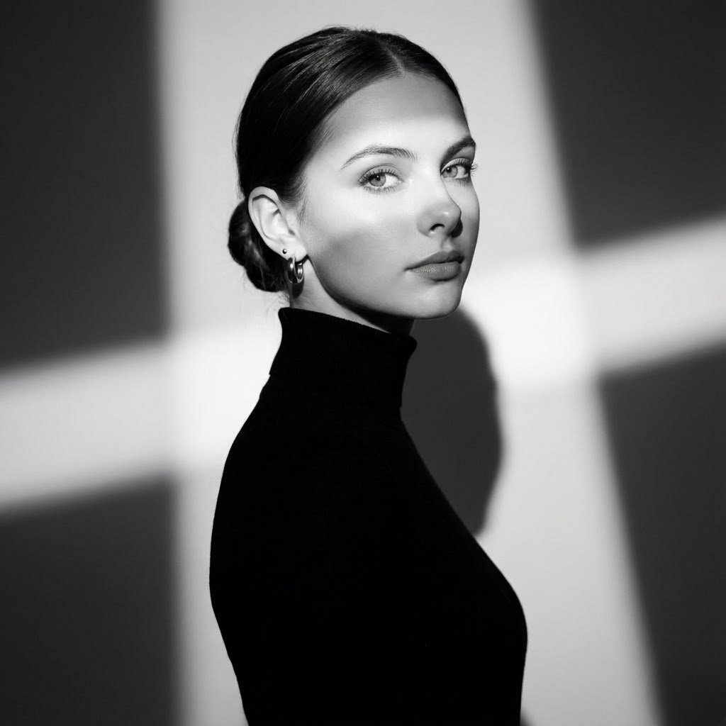 A high resolution black and white portrait of a girl wearing a sharp black turtle neck and chic small gold earrings along with Korean