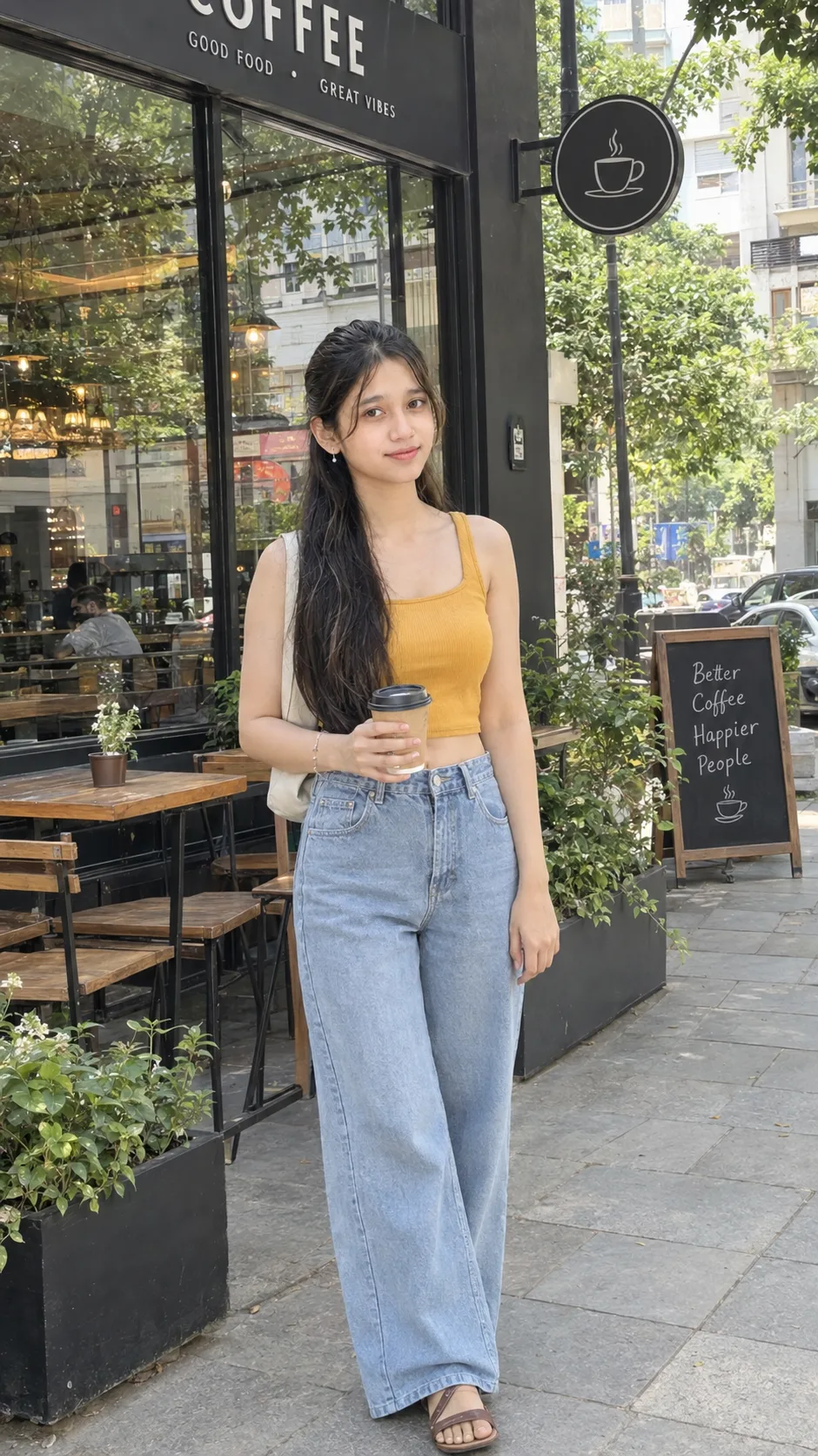 Ultra realistic full body photograph of a young woman standing outside a cafe during daytime, shot on a real DSLR camera.