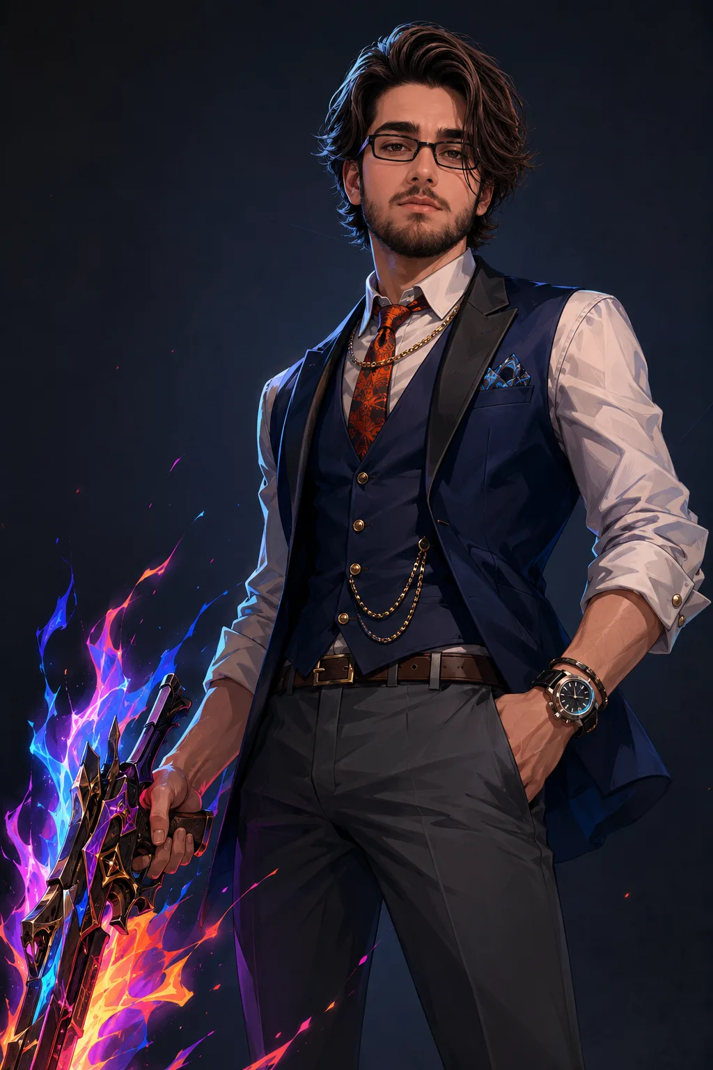 **Prompt:** A high-quality stylized 2D character illustration of a sophisticated, confident young male French weapons designer/agent, shown