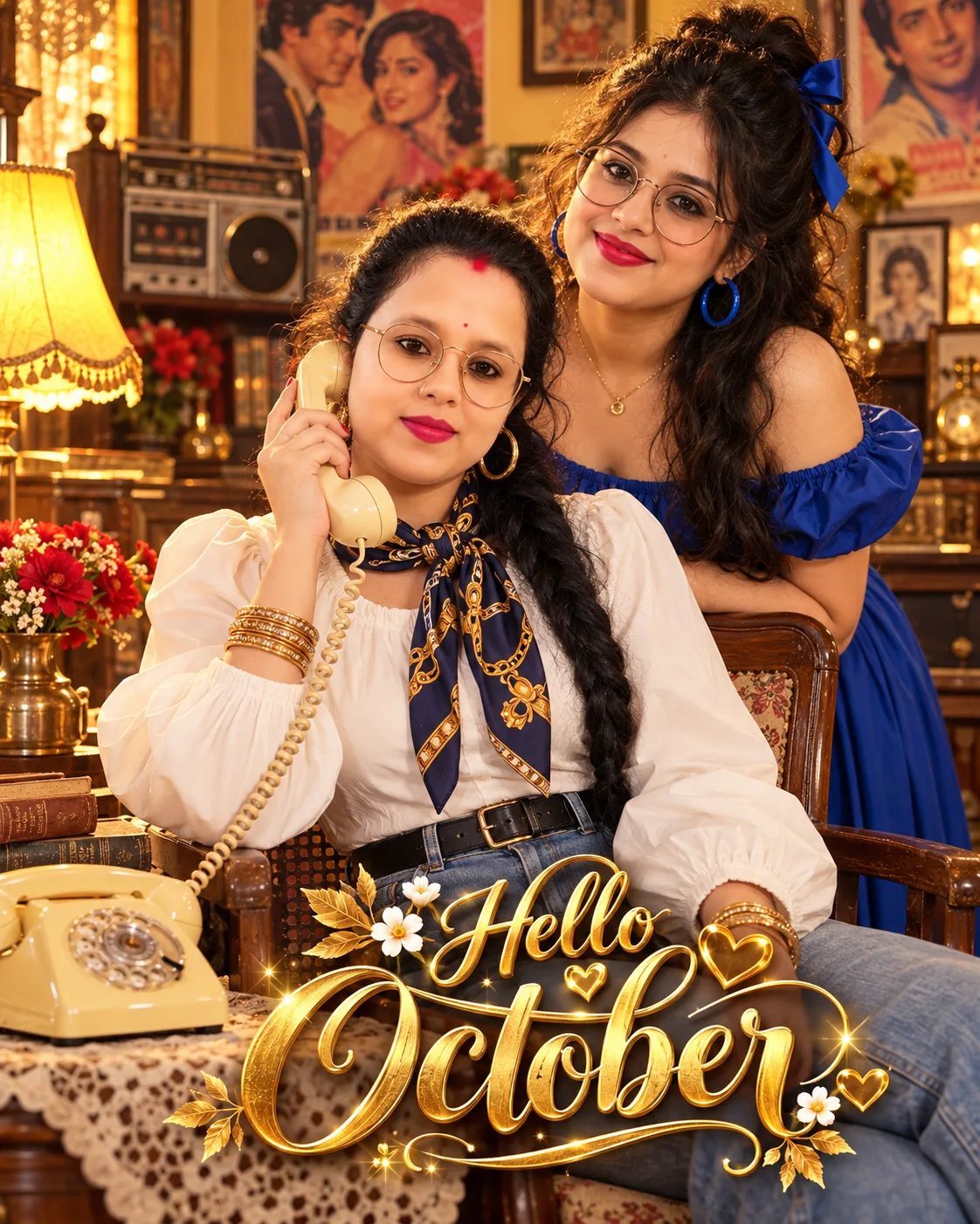 Create a photorealistic, ultra-detailed cinematic portrait of two beautiful young women inside a stylish, warmly lit vintage room inspired