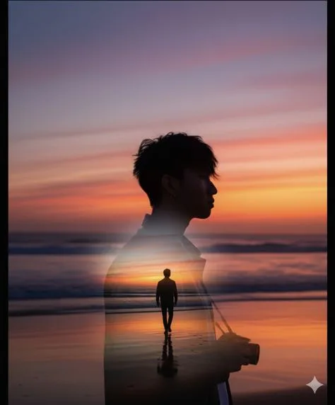A double exposure photography of a young man's silhouette profile holding a camera, blended seamlessly with a dramatic sunset beach