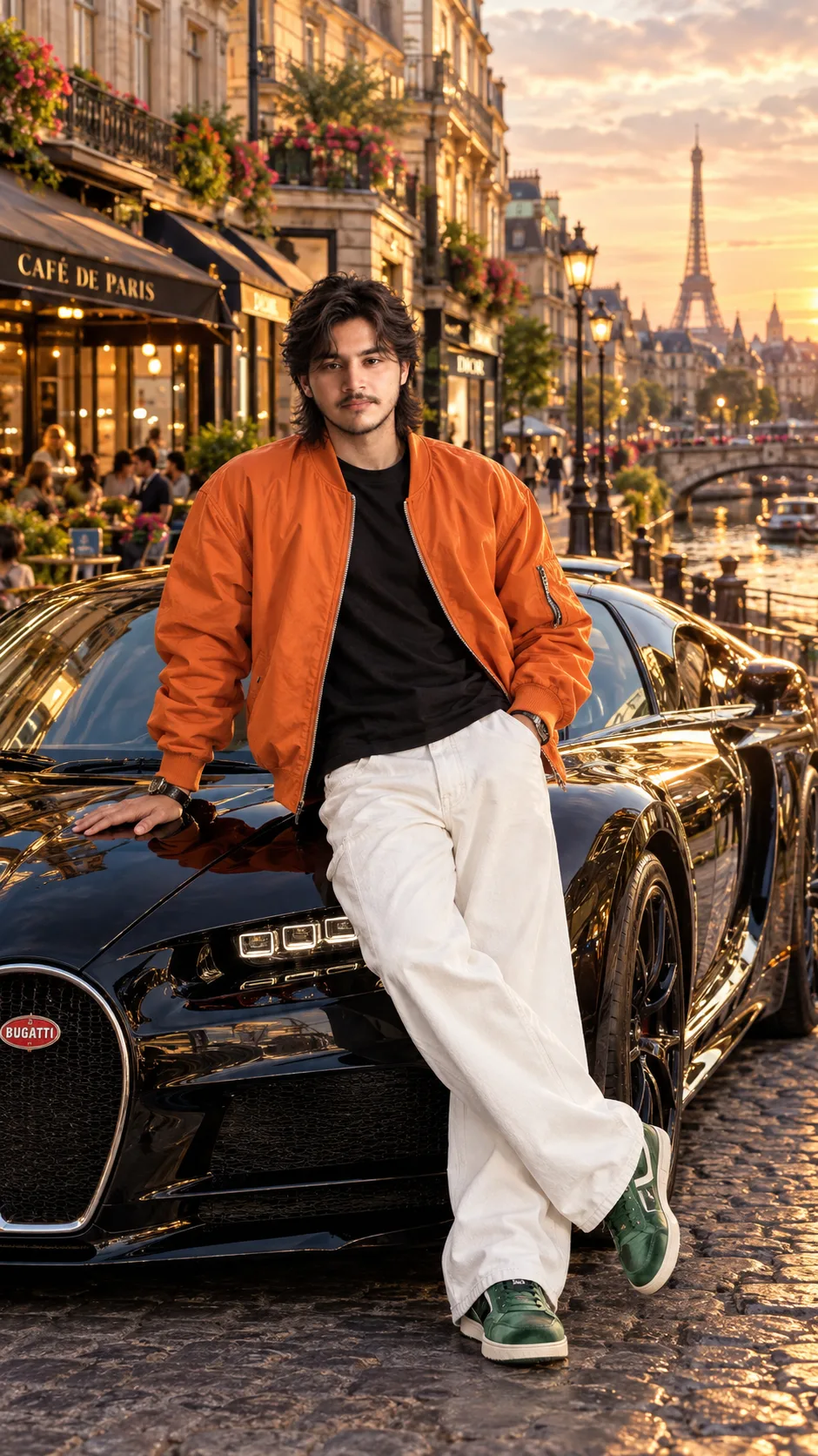 Ultra-realistic cinematic full-body fashion editorial portrait of the same male subject from the reference image, preserving his facial