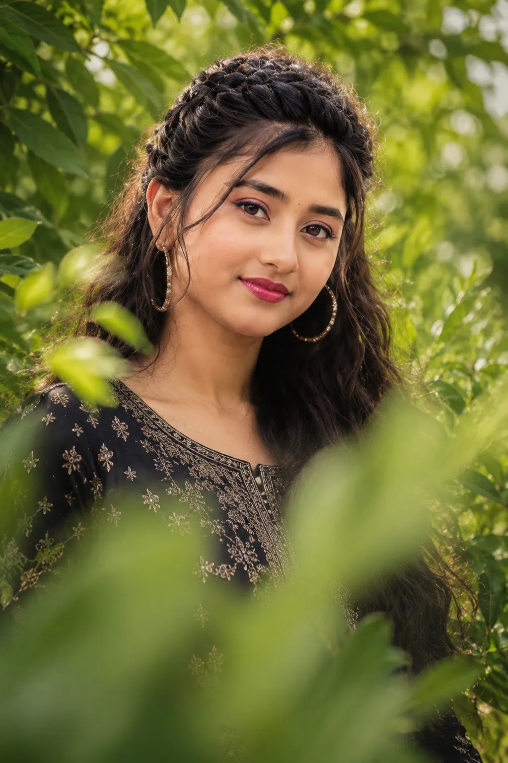 Prompt ⤵️ 💫 ✨ young woman with long dark hair and fair skin, standing among lush green leaves looking slightly to the side with a calm