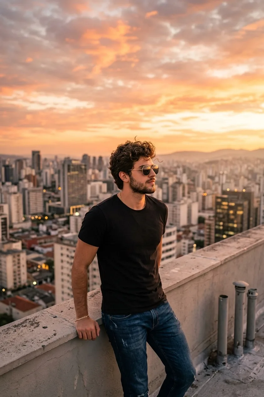 A photorealistic young man standing on a rooftop during golden hour, breathtaking orange and pink sunset sky, city skyline in the
