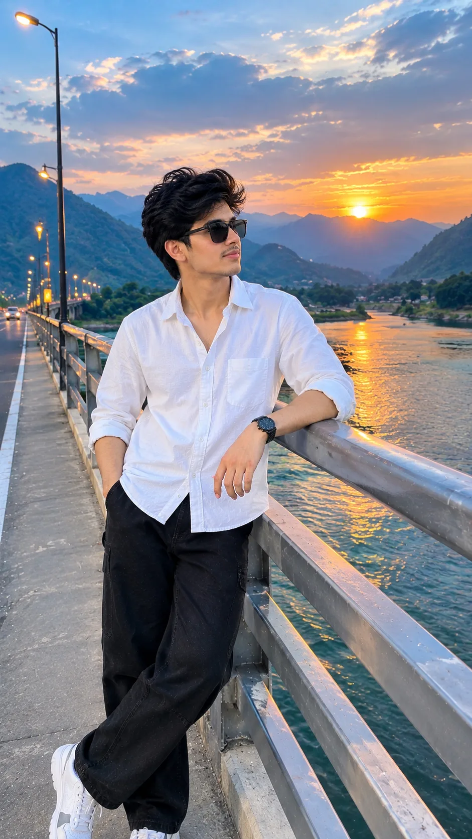 Ultra-realistic cinematic portrait of a stylish young South Asian man standing on a beautiful bridge between two majestic green mountains,
