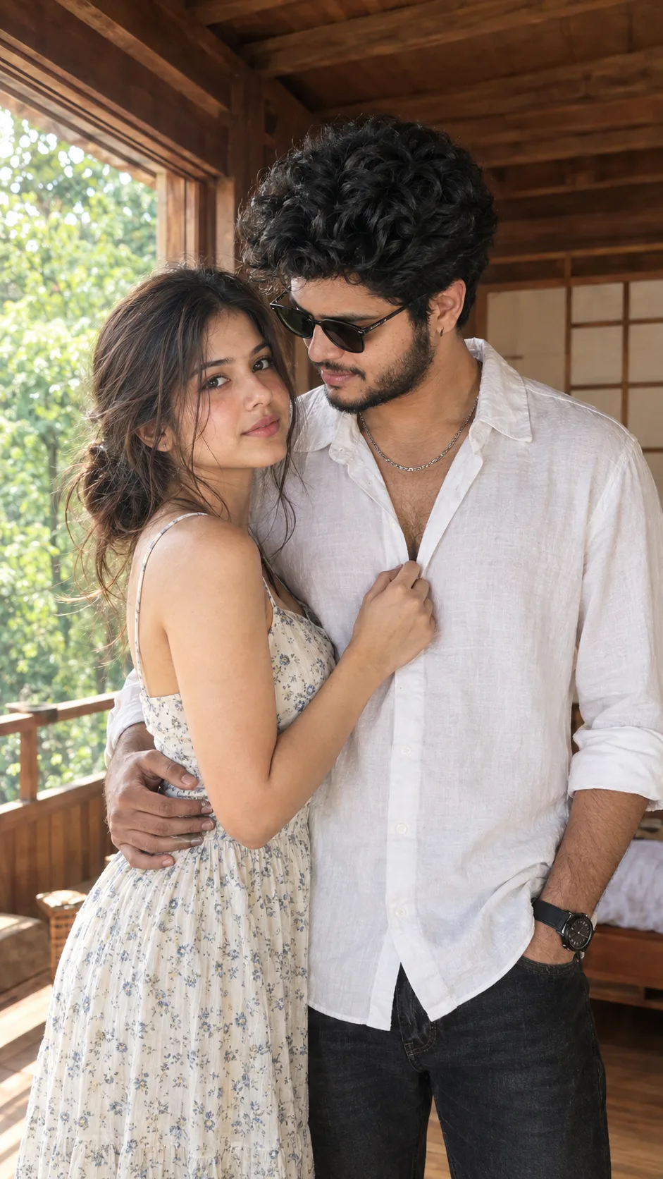 Prompt: > A candid intimate couple portrait in a warm rustic wooden room, photographed in natural daylight, 9:16 vertical.