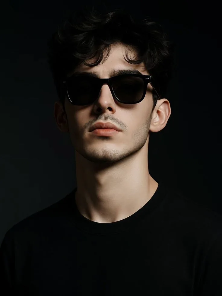 A striking, moody 9:16 portrait of a young man with messy, wavy dark hair and a light stubble beard, looking directly forward.