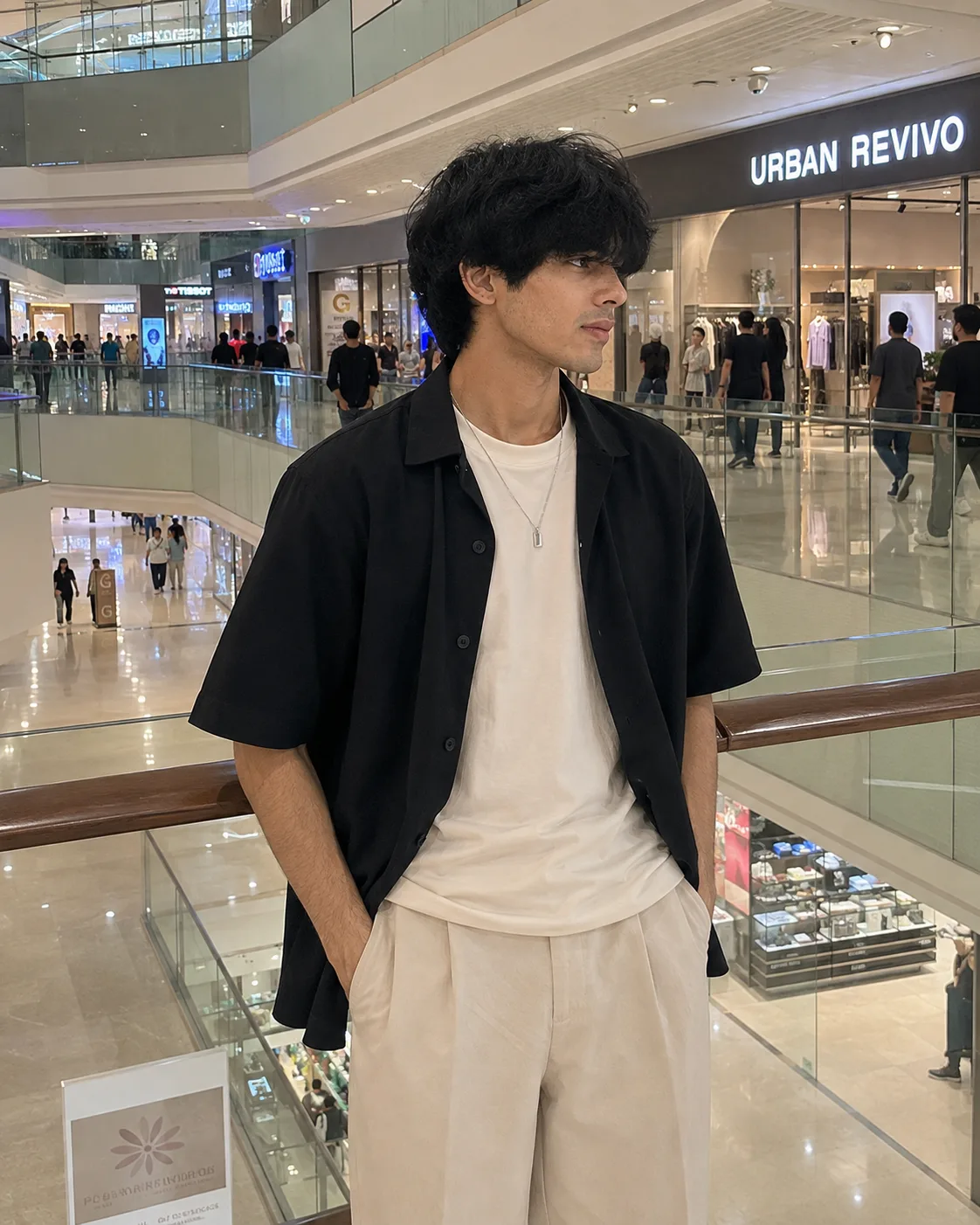 Create an ultra-realistic, premium vertical lifestyle fashion photograph of a young adult male standing inside a large modern luxury