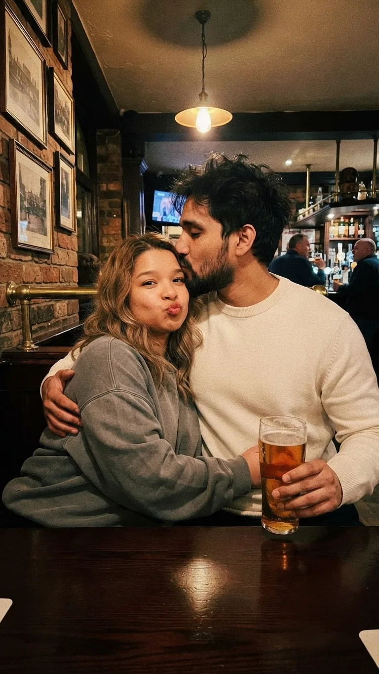A cozy indoor candid photo inside a dimly lit traditional pub.