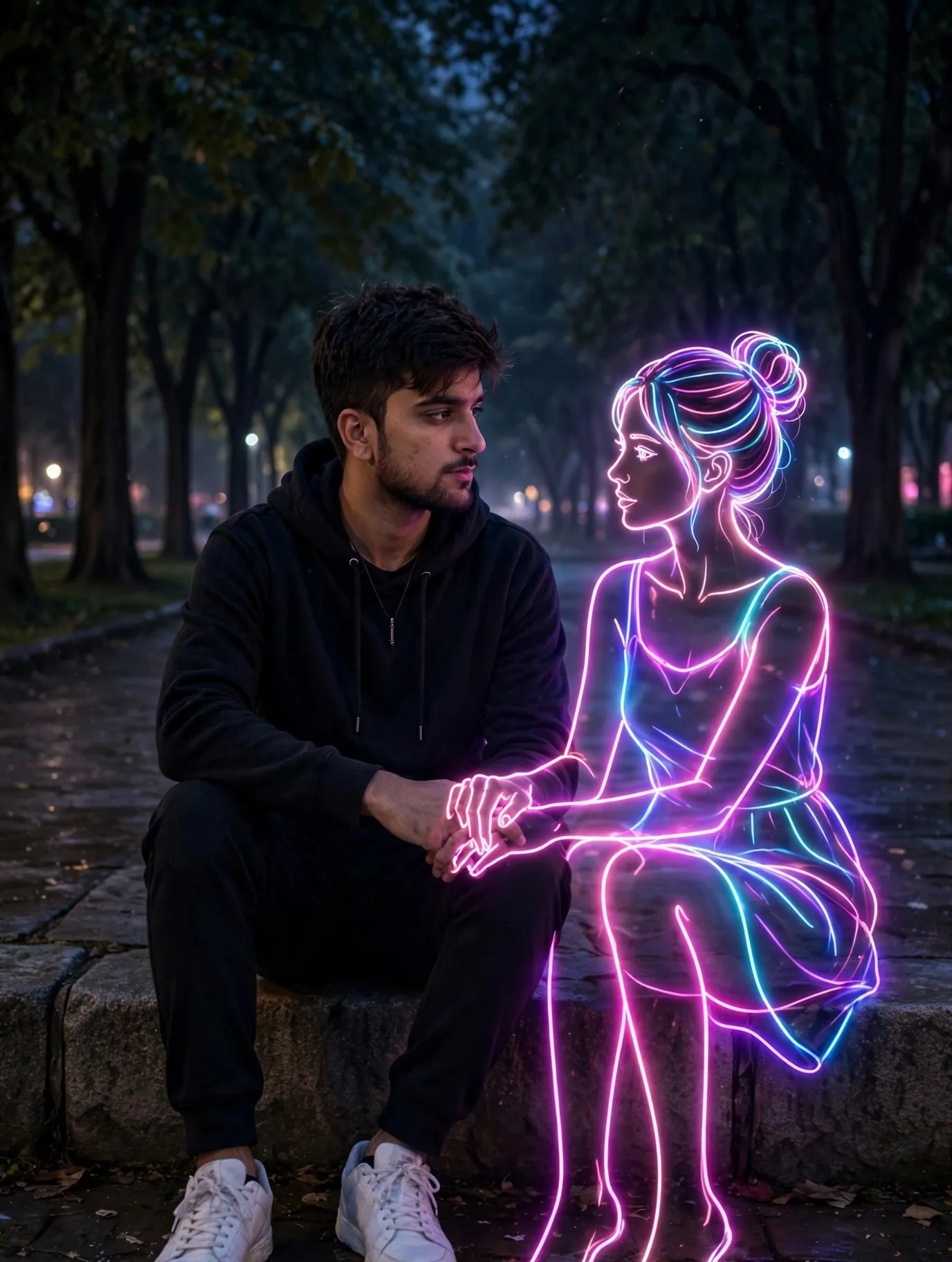 REALISTIC PAKISTANI YOUNG MAN sitting on a stone curb at night in a dark tree-lined park, forearms resting on knees, head turned sideways