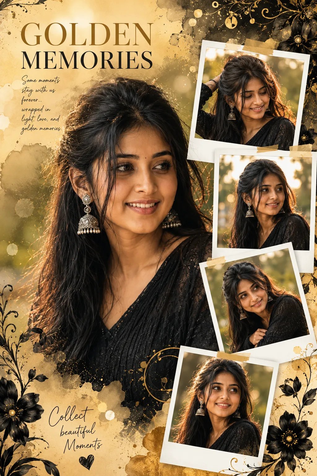 Beautiful young South Asian woman with long wavy black hair, soft natural makeup, gentle smile, black textured outfit, photorealistic