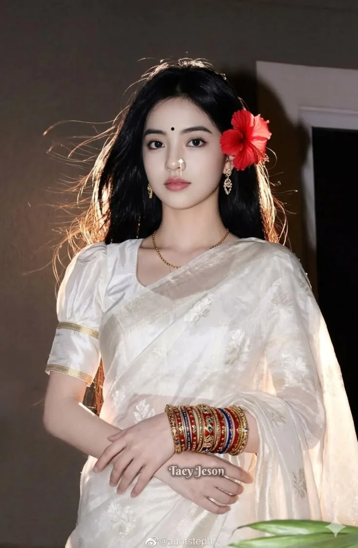 A photorealistic young South Asian woman wearing an elegant ivory-white saree with delicate floral embroidery and a subtle golden border,
